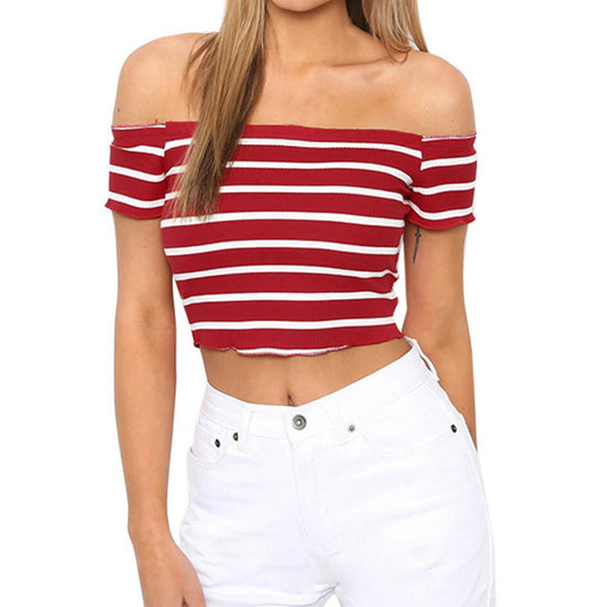 Image Title Red Striped Off Shoulder Crop Top 2